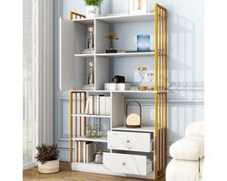 Learnlogic Boekenkast, 6 planken, verticale planken met deuren en laden, Industri毛le planken, staalplanken, wit marmerachtig met gouden rand