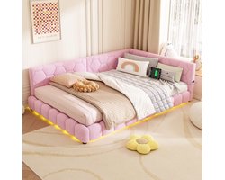 Learnlogic dagbed, 140x200 cm, dagbed, slaapsofa, bed met latmatras (zonder matras), 16-kleurig ambientlicht, USB-aansluiting, Type-C, comfortmateriaal, vliesimitatie, roze