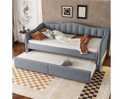 Learnlogic dagbed, 90x200 cm dagbed met uitrekbaar bed, slaapsofa, eenpersoonsbed (zonder matras), ambiance-lichtontwerp, linnen, minimalistisch design, grijs