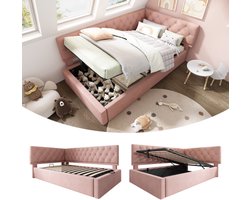 Learnlogic dagbed, polsterbed, 90x200 cm, slaapsofa met hydraulische opbergruimte, kinderbed, jeugdbed, bedgestel met latmatras van hout, fluweel, roze, zonder matras