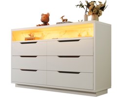Learnlogic Dressoir, ladekast met LED -verlichting en 6 laden, opslagcompartiment met marmer ma茂s, moderne kast voor woonkamer en slaapkamer, 120x40x85cm, wit