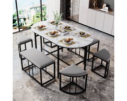 Learnlogic. Eetgroep (met eettafel, 4 kleine krukken en 2 grote krukken), Keukeneetgroep met staalfraam. Modern wit en zwart. 140*70*76cm, belastbaar 120 kg