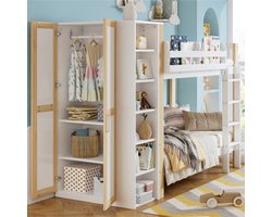 Learnlogic etagebed, kinderbed met valbescherming en hek, met 4-traps ladder, 6 open planken, kledingkast aan de zijkant, ruime opbergruimte,