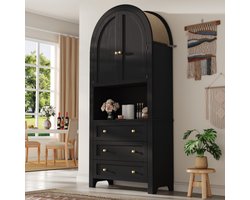 Learnlogic Hoge, gebogen opbergkast met laden en deuren, vrijstaande hoge, gebogen opbergdeur voor keuken en woonkamer, zwarte, gebogen planken met open displayruimte