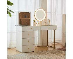 Learnlogic kaptafelset met LED-verlichte spiegel, transparant gehard glazen blad, kaptafel en kast, elegant meubilair, wit, afmetingen: 120 x 45 x 115 cm (zonder kruk)