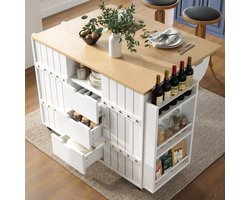 Learnlogic Keukenkast, serveerwagen met houtnerf, keukenwagen met wielen en werkblad, keukenwagen met kruidenrek en handdoekhouder, keukeneiland met schuifdeuren en laden, wit