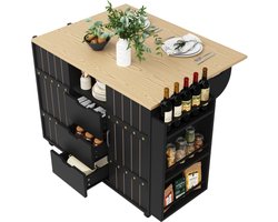 Learnlogic Keukenkast, serveerwagen met houtnerf, keukenwagen met wielen en werkblad, keukenwagen met kruidenrek en handdoekhouder, keukeneiland met schuifdeuren en laden, zwart