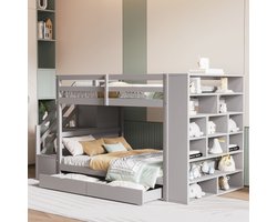 Learnlogic. Kinder- en jeugdbed 90x200 cm, veilige trap met bergvakken, berglades en grote sluitlades, hoge hekconstructie, latbodem, dennenbed, grijs