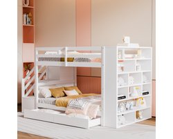 Learnlogic. Kinder- en jeugdbed 90x200 cm, veilige trap met bergvakken, berglades en grote sluitlades, hoge hekconstructie, latbodem, dennenbed, wit