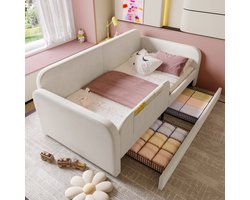 Learnlogic kinder-spleetbed, polsterbed, dagbed, slaapsofa met metalen bedgestel, 3 kleine opbergtasjes, 2 rollende laden, fluweel+MDF+spaanplaat, wit, 90x200 cm