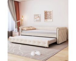 Learnlogic kinderbed 90x200 cm, uitrekbaar slaapsofa, beige fluweel, jeugdbed, kinderbed, gastbed