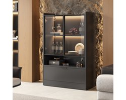 Learnlogic Moderne LED Vitrine zwart mat 120 cm hoog met 16-kleurige LED-verlichting, Glasvitrine standvitrine met verlichting, Woonkamerkast met glazen deuren en klapdeur, Spanplaat displaykast