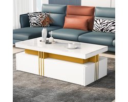 Learnlogic moderne rechthoekige salontafel met hoogglans blad en 2 houten lades, marmeren tafelblad, voor woonkamer, 100*50*40 cm