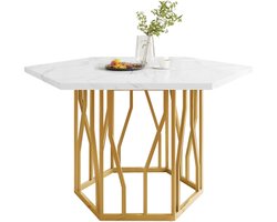 Learnlogic moderne zeshoekige marmer-eettafel, metaalachtige takgestelling, eenvoudige esthetische salontafel, geschikt voor eetkamer en woonkamer, goud