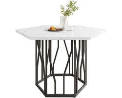 Learnlogic moderne zeshoekige marmer-eettafel, zwarte metaalachtige takgestelling, eenvoudige esthetische salontafel, geschikt voor eetkamer en woonkamer
