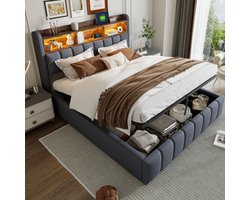 Learnlogic polsterbed, 180x200 cm, met LED-verlichting en USB-stopcontact, hoofdeinde met inlegplaten en opbergruimte, met hydraulische opbergruimte, volwassenenbed, dubbelbed, linnen grijs