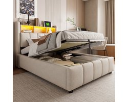 Learnlogic polsterbed, 90x200 cm, met LED-verlichting en USB-aansluiting, hoofdeinde met opslagvlakken en opbergruimte, met hydraulische opbergruimte, kindereenpersoonsbed, linnen beige