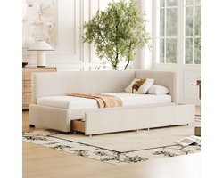 Learnlogic polsterbed slaapsofa 90x200, multifunctioneel bed met 2 grote opbergladen en latmatras, huidvriendelijk fluweel, beige
