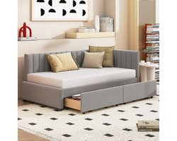 Learnlogic polsterbed slaapsofa 90x200, multifunctioneel bed met 2 grote opbergladen en latmatras, huidvriendelijk fluweel, grijs