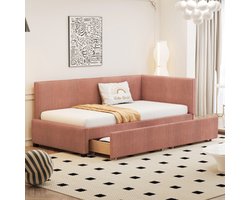 Learnlogic polsterbed slaapsofa 90x200, multifunctioneel bed met 2 grote opbergladen en latmatras, huidvriendelijk fluweel, roze