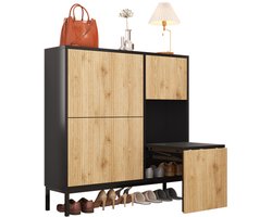 Learnlogic schoenenkast met schoenwisselbankje, schoenenrek met drie klapdeuren en open opbergruimte, geschikt voor gang en slaapkamer