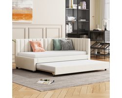 Learnlogic slaapsofa 90x200 cm, uitrekbaar slaapsofa, multifunctioneel bed met latmatras, jeugdbed, kinderbed, gastbed, beige fluweel