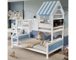 Learnlogic Stapelbed, kinderbed, met opbergkast, met drietraps schuine ladder, unieke raamvorm, graffitibord aan de zijkant, grenen + MDF, wit + blauw, 90x200cm & 120x200cm