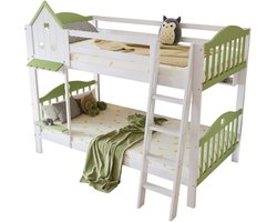 Learnlogic Stapelbed, kinderbed met valbeveiliging en leuning, met dak en raam, open plank, prachtig massief houten hek, met viertrapsladder, massief houten frame, grenen + MDF, wit + groen, 90 x 200 cm