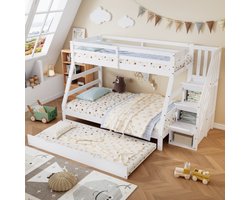 Learnlogic Stapelbed met uitschuifbed, kinderbed met ladderkast en leuning, met veiligheidshekje aan alle kanten, grenen+MDF, wit, 90x190CM uitschuifbed, 90/120x200CM