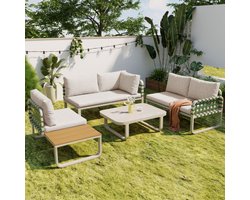 Learnlogic Tuinloungeset (4-5 zitplaatsen), Groene leren rotan tuinmeubelset, Moderne buitensofaset inclusief alle zit- en rugkussens, Balkonset, Tuin en terras, Abrikoos