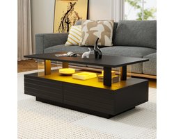 Learnlogic Zwarte LED-banktabel met opslagfunctie, acryl-LED-woonkamertafel, slabbetje, dubbel gelaagde rechthoekige salontafel met Bluetooth-handige app-controle, geschikt voor feestjes, kantoren