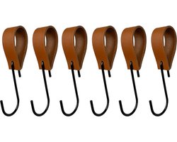 Leathergoodz - Leren S-haak hangers - Cognac - 6 stuks - 16 x 2,5 cm - max ø38mm - Leer - handdoekhaakjes - Ophanghaken – kapstokhaak