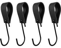 Leathergoodz - Leren S-haak hangers - Zwart - 4 stuks - 16 x 2,5 cm - max ø38mm - Leer - handdoekhaakjes - Ophanghaken – kapstokhaak