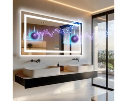 Led Badkamer Spiegel - Met Verlichting - 122 x 60 cm LED-badkamerspiegel met Dubbele Verlichting - Bluetooth-Luidspreker - Anti Condens - 3 kleuren - Dimbaar - Touchscreen - Make Up Spiegel