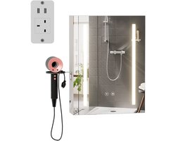 LED Badkamerkast met Spiegel - Anti-Mist, 3 Instelbare Kleurtemperaturen, Dimbaar, Met Fohnhouder & Instelbare Planken, Houten Opbergkast voor Badkamerbenodigdheden, EU Plug Wit