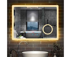 LED badkamerspiegel 100 × 60cm 3 lichtkleur 2700-6500K dimbare wandspiegel met klok, touch, anti-condens, 3-voudige vergroting Make-up spiegel IP44 koud/neutraal/warm wit energiebesparend