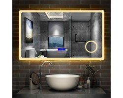 LED badkamerspiegel 120×70cm 2 lichtkleur 2700/6000K wandspiegel met bluetooth, klok, touch, anti-condens, 3-voudige vergroting Make-up spiegel IP44 koud/warm wit energiebesparend