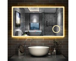 LED badkamerspiegel 140 × 80cm 3 lichtkleur 2700-6500K dimbare wandspiegel met klok, touch, anti-condens, 3-voudige vergroting Make-up spiegel IP44 koud/neutraal/warm wit energiebesparend