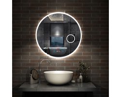 LED badkamerspiegel 70x70cm met verlichting klok 3x vergrootglas touchschakelaar anticondens wit licht/warm wit licht/warm licht instelbare helderheid uit geheugen