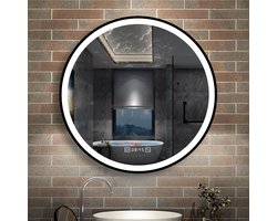 LED badkamerspiegel 80x80cm, met verlichting, digitale klok, aanraking/wandschakelaar, anti condensatie, wit licht/warm wit licht/warm licht, regelbare helderheid, en power-off geheugen