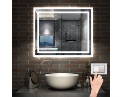 LED badkamerspiegel rechthoekig 50x60cm 3 lichtkleur 2700-6500K, aanraking, anti condensatie, koud/neutraal/warm wit regelbaar licht, power off geheugenfunctie, IP44