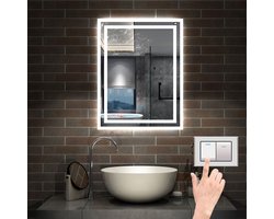 LED badkamerspiegel rechthoekig 70x50cm 3 lichtkleur 2700-6500K, aanraking, anti condensatie, koud/neutraal/warm wit regelbaar licht, power off geheugenfunctie, IP44