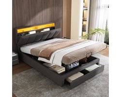 Led Bed met Opbergruimte - Linnen Bed - Moderne Slaapkamer - Hydraulisch Systeem - 140x190 cm - Grijs