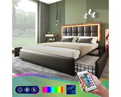 Led-bedframe met verlichting en 4 lades - 140x200 cm - Verstelbaar hoofdeinde - Zwart PU (zonder matras)