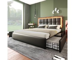 Led-bedframe met verlichting en 4 lades - 160x200 cm - Verstelbaar hoofdeinde - Zwart PU (zonder matras)