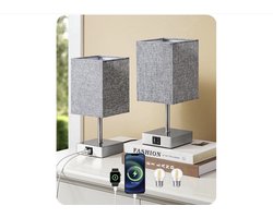 LED Bedlamp Touch Dimbaar Set van 2 Moderne Tafellamp Kleine Lamp met Oplaadfunctie 2 USB Poorten voor Decoratieve Slaapkamer Woonkamer Vensterbank Cadeau Grijze Lampenkap