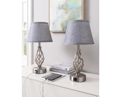 Led-bedlampje dimbaar met touch set van 2 - moderne tafellamp met oplaadfunctie en 2 USB-poorten - decoratie slaapkamer woonkamer vensterbank - cadeau linnen lampenkap grijs .
