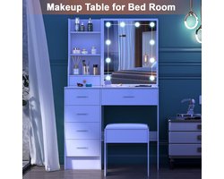 LED Beleuchtung & Schiebespiegel – Novihome Kosmetiktisch mit 6 Schubladen, 6 Regalen & Hocker – Moderner Frisiertisch für Frauen & Teenager, 36x80x131 cm, Weiß – Make-up Tisch mit USB-Licht & viel Stauraum
