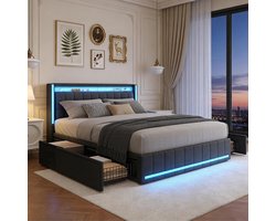 LED Boxspring Bed met Opbergruimte, USB Oplaadfunctie, RGB Verlichting en 4 Laden – 180x200 cm Grijs Linnen Design Bedframe
