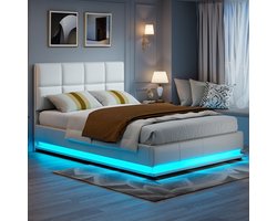 Led Boxspringbed 140x200 cm met Hydraulische Opbergruimte, Lattenbodem & LED Verlichting, Kunstleer Wit, Tweepersoonsbed Volwassenen & Jeugd
